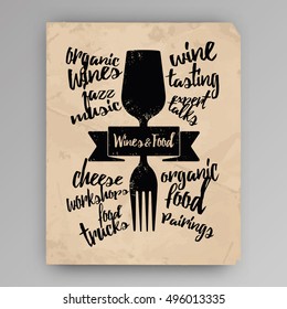 Concept illustration of drink and food. Concept of pairing food and drink. Background paper vintage look. Vector