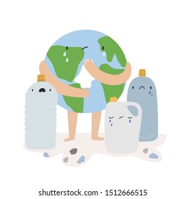 Concept illustration with Earth and Plastic Bottles. Crying Planet with sad plastic products - vector ecological background. Save our Earth drawing in cartoon style.