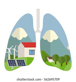Concept illustration of ecology. Alternative and renewable energy sources. Green home energy savings. Clean air concept.