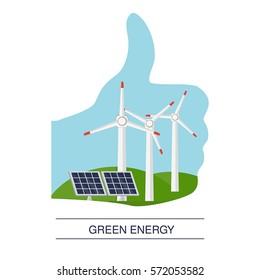 Concept illustration of ecology. Alternative and renewable energy sources. Thumb up hand like with rural landscape.