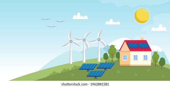 Concept illustration for ecology, green power, wind energy. Green energy - landscape with wind power station, solar panels, small house. Ecology illustration in flat style
