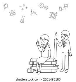 Concept illustration of education, A girl sitting on a book and a boy holding a pencil (white background, vector, clipping)