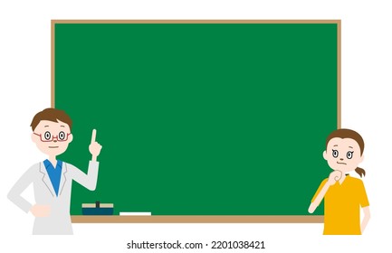 Concept illustration of education, teacher and child in front of the blackboard (white background, vector, clipping)