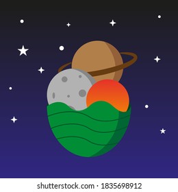 concept illustration of an egg in which there are several kinds of planets