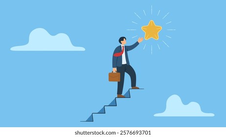 Concept illustration of employee reach dream, target, achievement. Hope to succes in business. Businessman climb up stair to the top to reaching a star, dream.