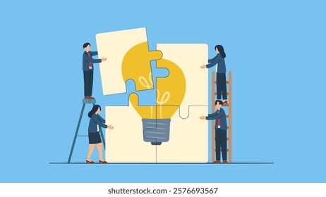 Concept illustration of employees teamwork in brainstorming, looking for ideas. Employees put ideas together.