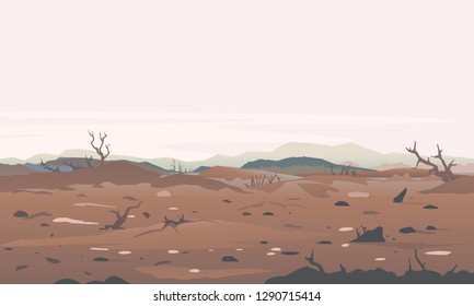 Concept illustration of environment destruction, dead trees after the forest fire, landscape as a background of environmental damage issues, brown ground with dry trees, environmental pollution