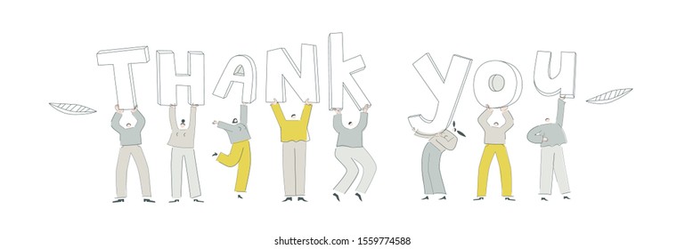 Concept illustration EPS 10 isolated on white. Flat people carry big letters. Happy men and women hold light text. Working little people with phrase thank you. Corporate workers gratitude customer.