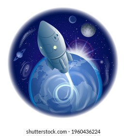 Concept illustration of the exploration of the galaxy and space, rocket and space ship in outer space.