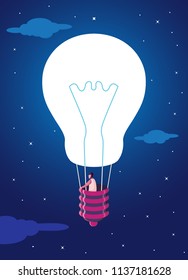 Concept illustration, exploring in the dark, man in bulb shaped hot air balloon flying high in night, problem solving,