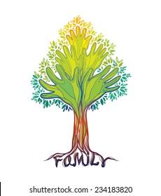 Concept illustration- family tree. Abstract green hand tree.