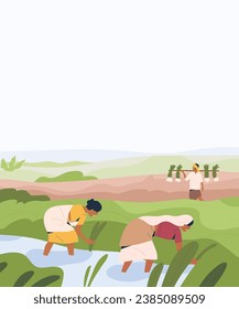 Concept illustration of a farmer working in a paddy Field 