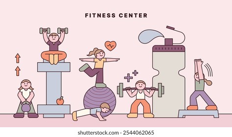 Ilustração de conceito com personagens exercitando e vários equipamentos de exercício. Personagem cutminúsculo com contorno.