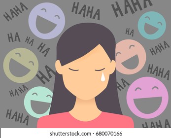 Concept Illustration Featuring a Crying Teenage Girl Being Taunted by Laughing Emoticons