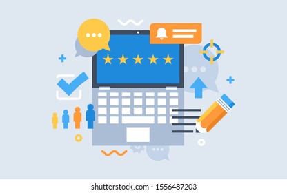 Concept illustration - feedback, reviews and rating, testimonials, like, communication.  communications and technology reviews. Vector illustration.
