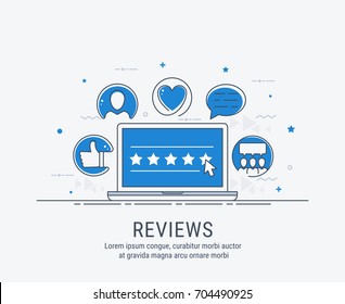 Concept illustration - feedback, reviews and rating, testimonials, like, communication.  communications and technology reviews. Vector illustration.