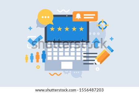 Concept illustration - feedback, reviews and rating, testimonials, like, communication.  communications and technology reviews. Vector illustration.