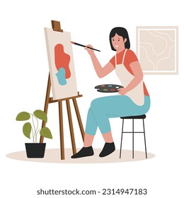 Concept illustration of female artist painting on canvas. Illustration for websites, landing pages, mobile apps, posters and banners. Trendy flat vector illustration