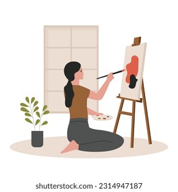 Concept illustration of female artist painting on canvas while sitting. Illustration for website, landing page, mobile app, poster and banner. Trendy flat vector illustration