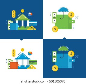 Concept of illustration - finance and financial contributions, online banking, insurance, investments and protection of deposits. Vector illustrations are shown on a light and dark background.