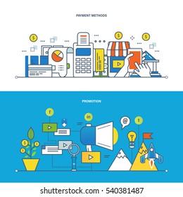 Concepto de ilustración - métodos de financiación y pagos, promoción, tecnología de la información. Diseño de vectores para sitio web, banner, materiales impresos y aplicación móvil.