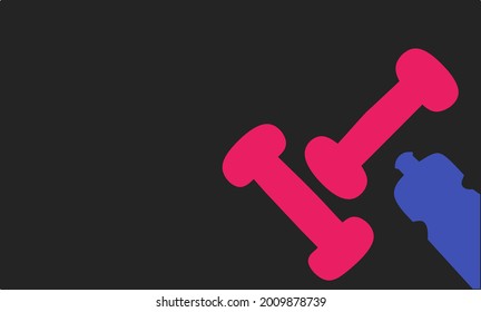 Concept illustration of fitness training background with pink dumbbells and a bottle of blue water.  Top view of flatlay sports, healthy diet and lifestyle with training equipment on black background