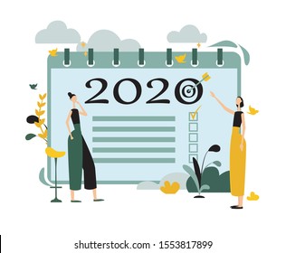 Concept illustration in flat design. Two women work on new goal for a new year