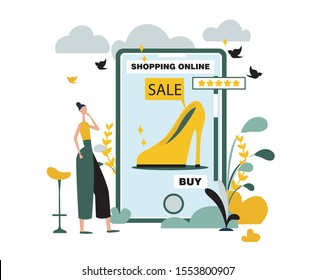 Concept illustration in flat design of woman buying shoes online. Store in the mobile app.