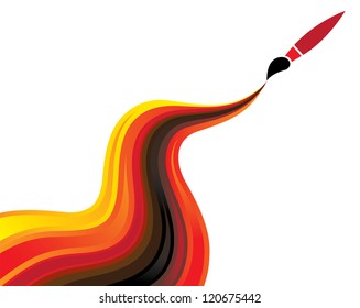 Concept illustration of flowing paint & brush. The graphic contains curvy lines in various shades of yellow, orange, red, brown & black with a brush icon at its tip.