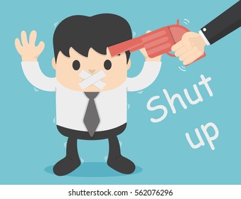 concept illustration forced silence ,shut up ,with guns  ,No talking  ,