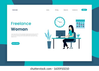 The concept of illustration of a freelance women's landing page. Women work anywhere. Landing page template