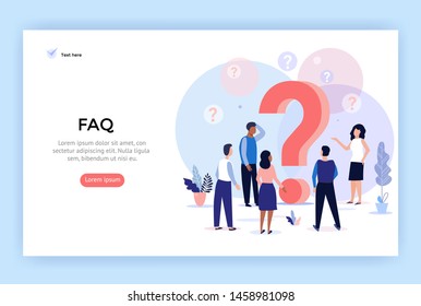 Concept illustration Frequently asked questions, people around question marks, perfect for web design, banner, mobile app, landing page, vector flat design