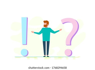 Concept illustration of frequently asked questions of exclamation marks and question marks, metaphor question answer. Man Ask Questions and receive Answers.