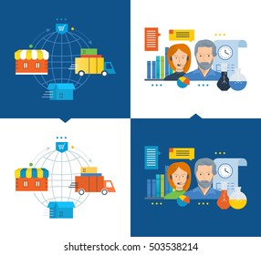 Concept of illustration - a full cycle of acquisition of goods from purchase to delivery process, modern online support, research. Vector illustrations are shown on a light and dark background.