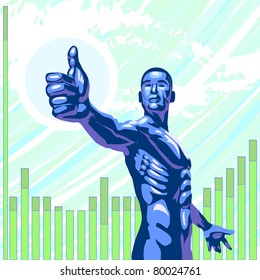 concept illustration -  futuristic style. A man making a "thumbs up" gesture