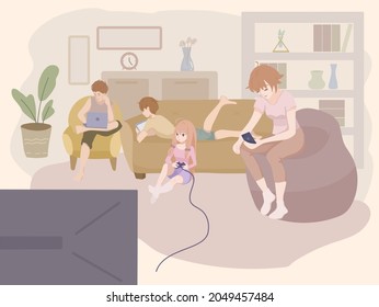 Concept illustration of gadget addicted family, sitting together in living room and using smartphone, tablet, laptop, video game. Vector illustration EPS 10