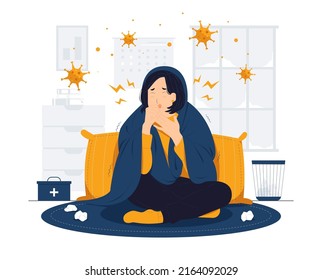 Concept illustration of Girl having a cold, cough and blowing her nose with tissue while lying sick in sofa with virus around flat cartoon style
