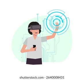 A concept illustration of a girl wearing virtual reality goggles and interacting with a projected screen, representing futuristic tech and digital innovation. Ideal for VR, AR, and tech related themes - Powered by Shutterstock - Get 15% off with code: PIKWIZARD15