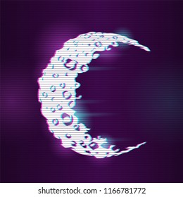 Concept illustration with glitch effect with moon icon. Vector digital illustration