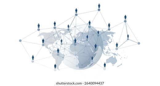 Concept illustration of a global social or business network. Stylized human figures are interconnected by lines and nodes. World map background, symbolizing worldwide collaboration and communication