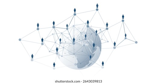 Concept illustration of a global social or business network. Stylized human figures are interconnected by lines and nodes around an Earth globe, symbolizing worldwide collaboration and communication