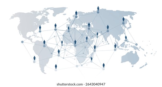 Concept illustration of a global social or business network. Stylized human figures are interconnected by lines and nodes. World map background, symbolizing worldwide collaboration and communication