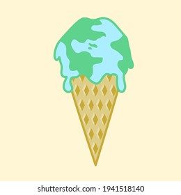 Concept illustration of global warming, Earth melting like ice cream on a waffle cone.