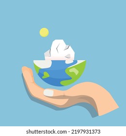 Concept illustration of global warming, iceberg melt on a person's hand