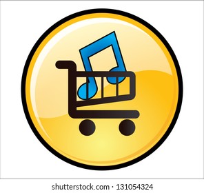 Concept Illustration of Glossy Buy Music Button - A glossy yellow button with a music icon on a shopping trolley
