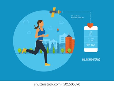 Concept illustration - gps navigation, search and route planning, information technology, communication with the satellite, online monitoring. Vector illustration.