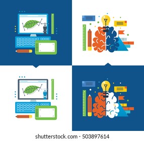 Concept of illustration - graphic design, creativity and creative, online learning design and creative thinking. Vector illustrations are shown on a light and dark background.