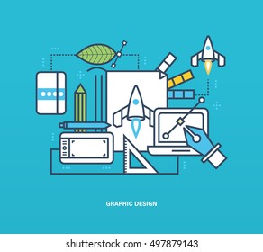 Concept of illustration - graphic design, to implementation tools, the process of thinking, creativity, creative ideas. Vector design for website, banner, printed materials and mobile app.