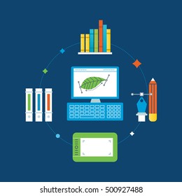Concept of illustration - graphic design, design training and implementation tools. Vector illustration for website, banner, printed materials and mobile app.