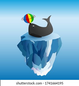 Concept illustration of grey cute seal in cartoon, flat style with circus ball on melting iceberg. 